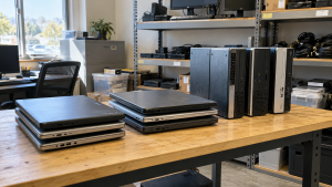 Retired office laptops and desktop computers awaiting assessment for reuse or recycling