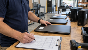 IT employee recording retired laptops on an equipment inventory checklist
