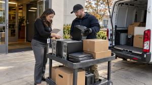 Business computer recycling pickup outside an office