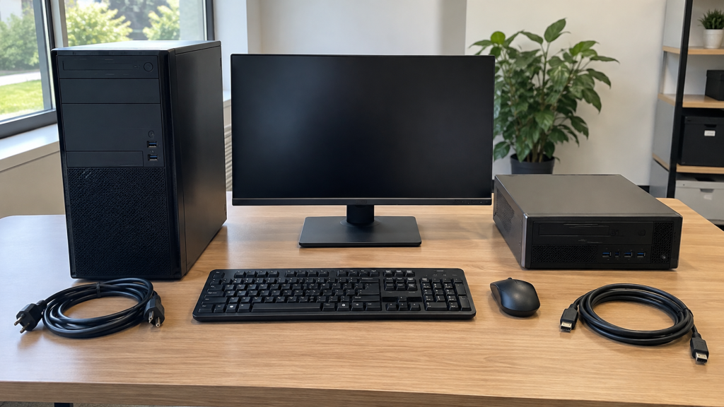 Desktop computers, a monitor, keyboard and mouse arranged on an office table