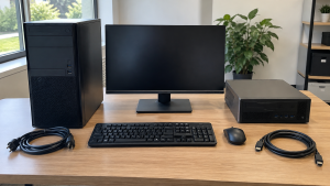 Desktop computers, a monitor, keyboard and mouse arranged on an office table