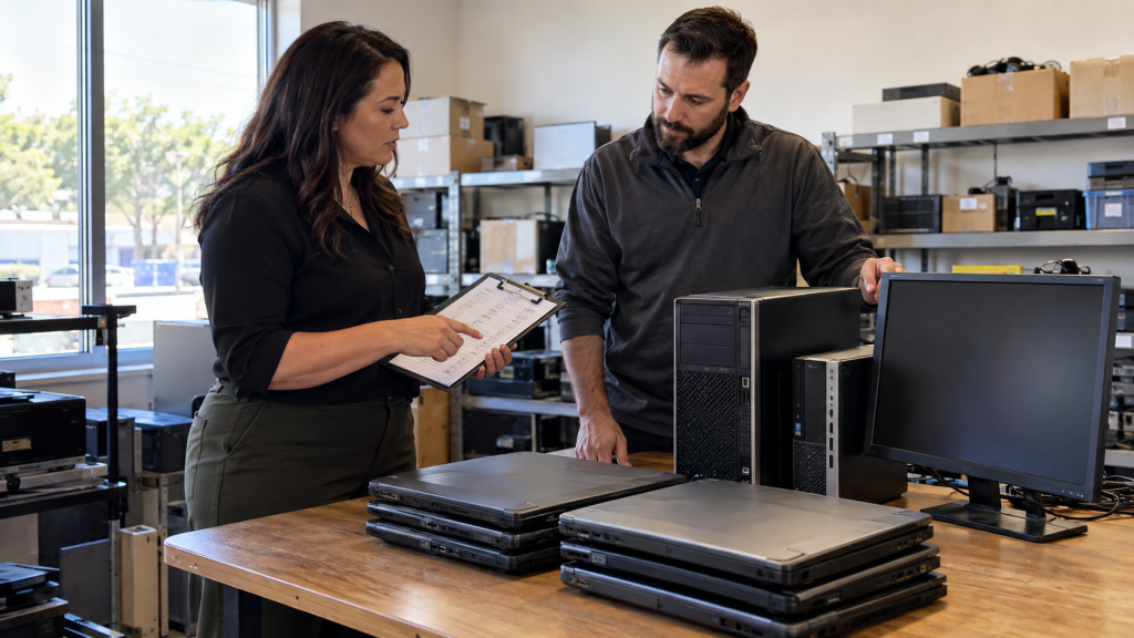 Office staff reviewing retired laptops and desktop computers for a recycling quote