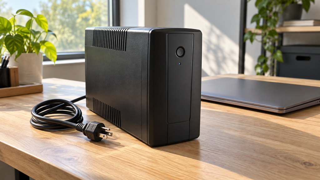 A closed desktop UPS battery backup with a coiled power cord on an office table