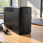 A closed desktop UPS battery backup with a coiled power cord on an office table