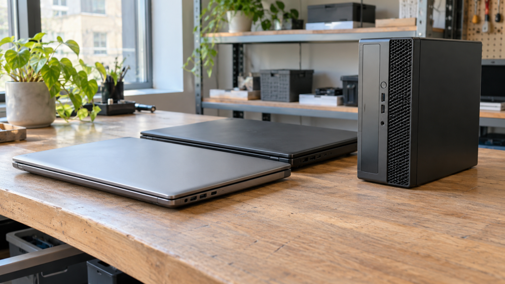 A closed desktop UPS battery backup with a coiled power cord on an office table