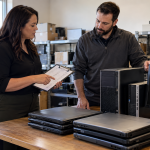 Office staff reviewing retired laptops and desktop computers for a recycling quote