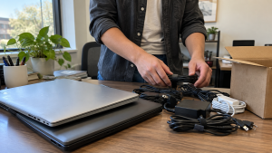 Hands organizing used laptops and cables on an office desk