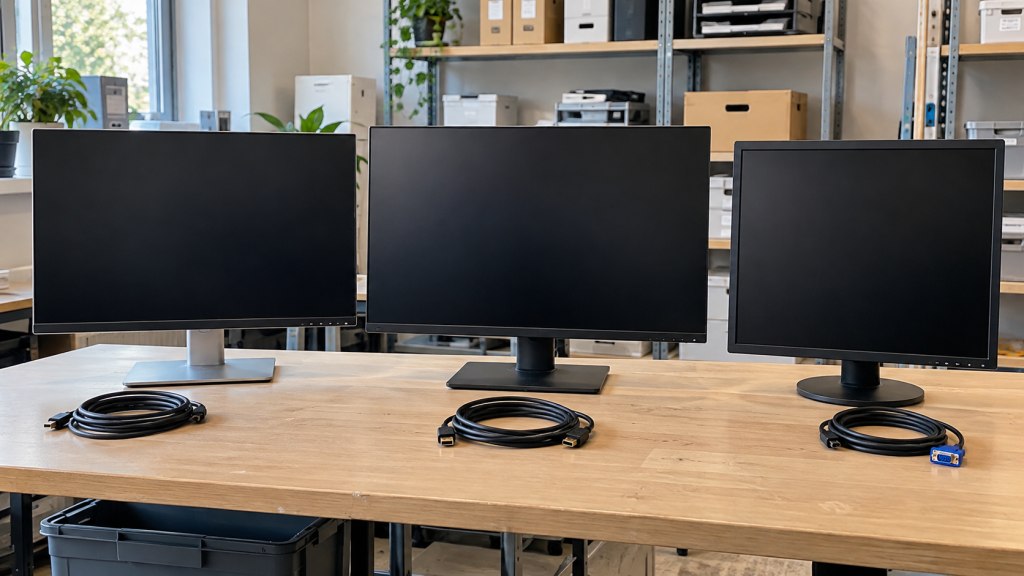 Retired flat-panel monitors and coiled display cables on an office workbench