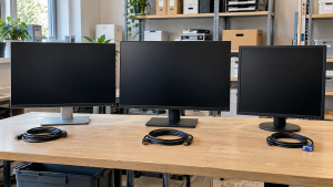 Retired flat-panel monitors and coiled display cables on an office workbench
