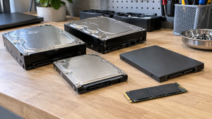 Retired hard disk drives and solid-state drives arranged on an electronics workbench