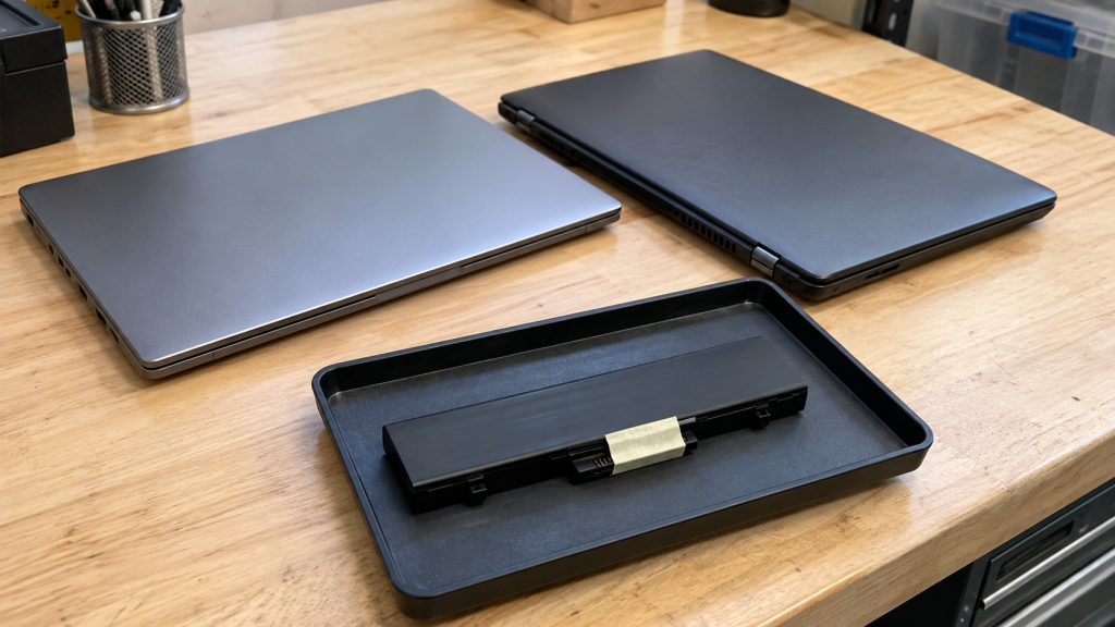 Closed laptops beside an intact removable battery pack on a workbench