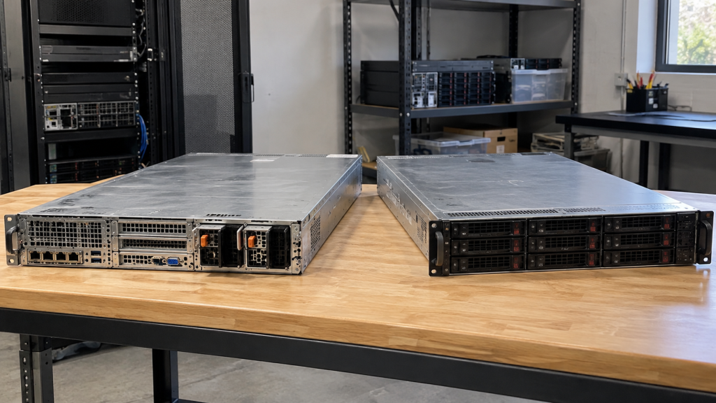 Two rackmount servers resting on an electronics workbench