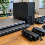 Used laptops, a desktop computer and accessories arranged on an office table