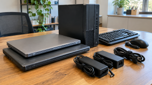 Used laptops, a desktop computer and accessories arranged on an office table
