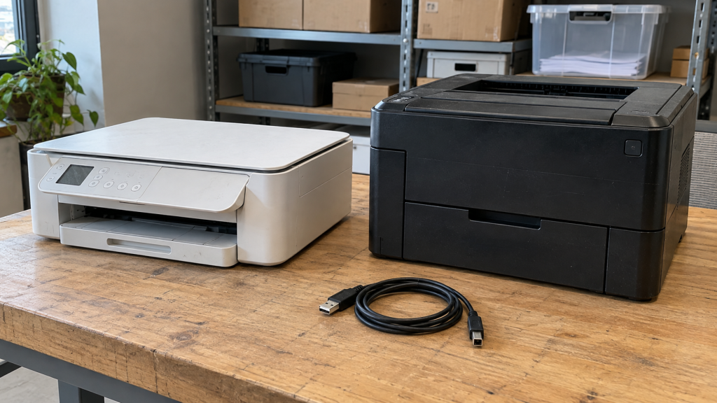 Two used printers and a coiled USB cable on a wooden workbench