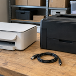 Two used printers and a coiled USB cable on a wooden workbench