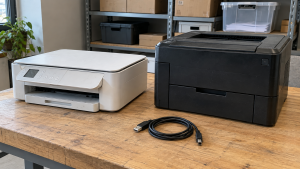 Two used printers and a coiled USB cable on a wooden workbench