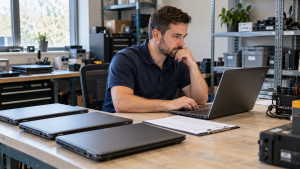 IT technician reviewing a laptop before data sanitization and recycling