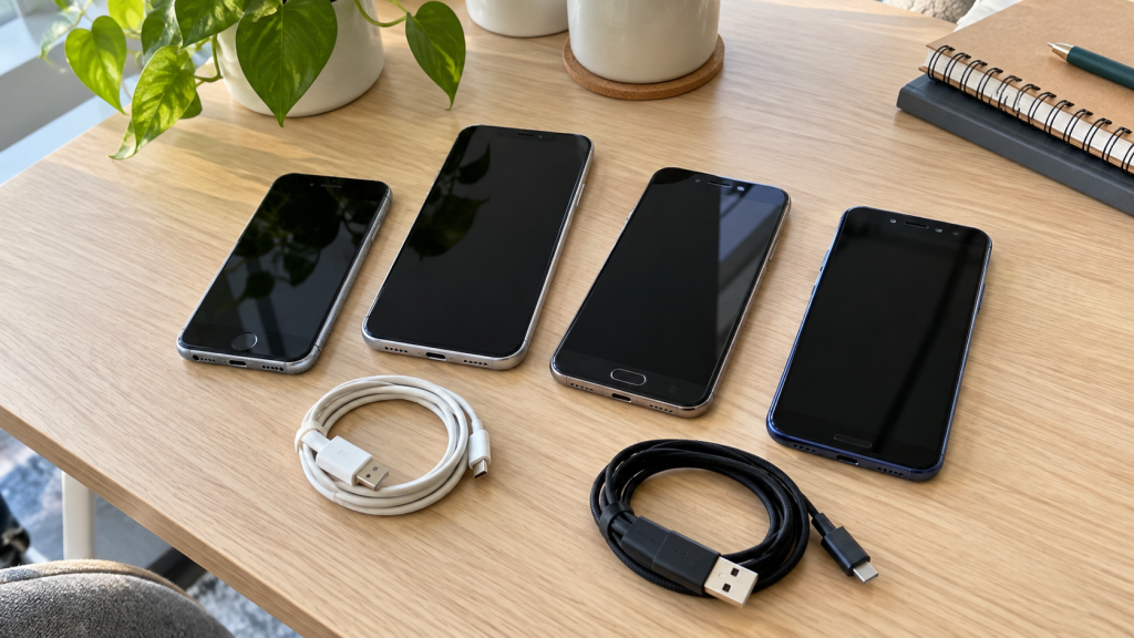 Old smartphones with dark screens and charging cables on an office table