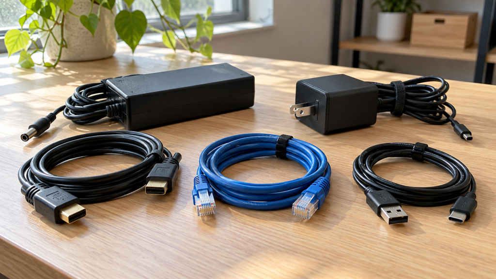 Coiled computer cables and laptop power adapters on a light wood table