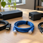 Coiled computer cables and laptop power adapters on a light wood table