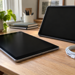 Two tablets with dark screens on a desk beside a coiled charging cable