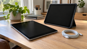 Two tablets with dark screens on a desk beside a coiled charging cable