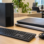 An older desktop computer and two closed laptops on an office table