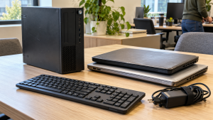 An older desktop computer and two closed laptops on an office table
