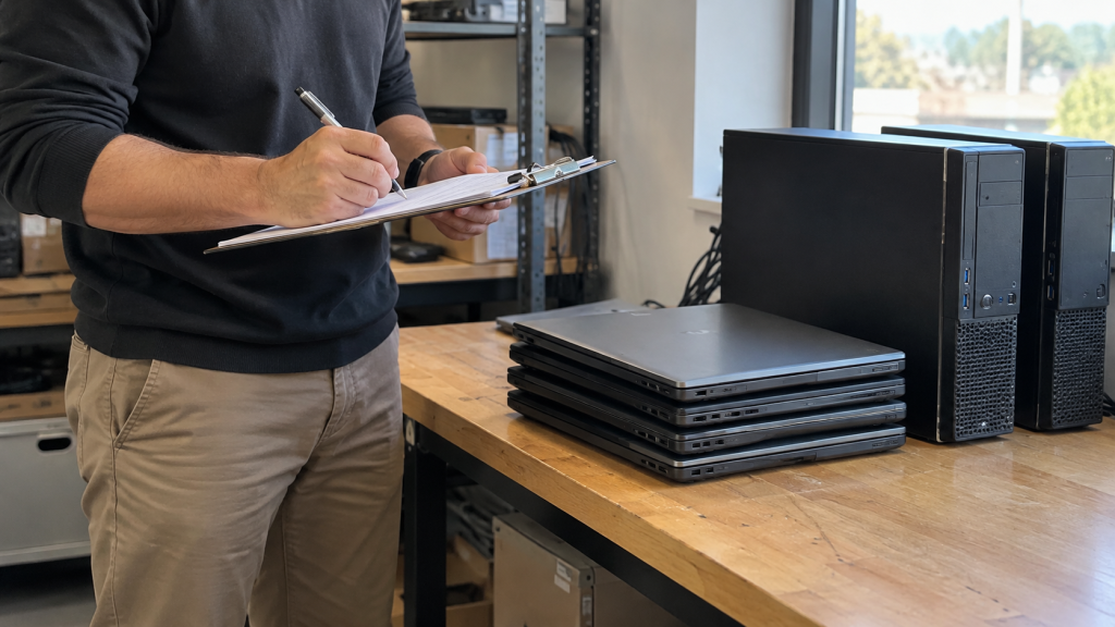 Hands recording an equipment inventory beside retired laptops and desktop computers