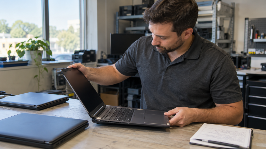 Technician inspecting a retired business laptop for condition assessment