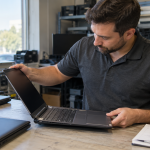 Technician inspecting a retired business laptop for condition assessment