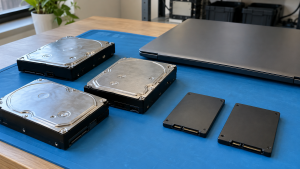 Hard disk drives and solid-state drives arranged beside a closed laptop