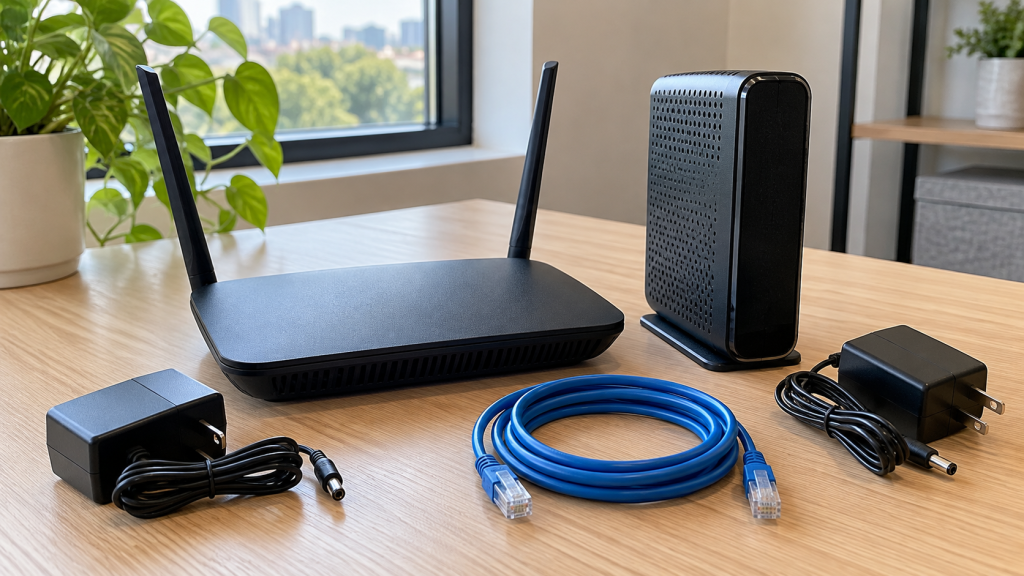 A Wi-Fi router and upright modem with power adapters and an Ethernet cable on a desk
