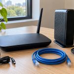 A Wi-Fi router and upright modem with power adapters and an Ethernet cable on a desk