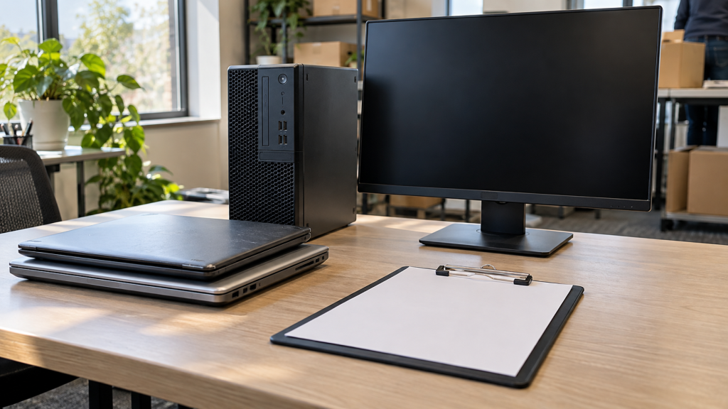 Retired laptops, a desktop computer and a monitor arranged on an office table