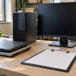 Retired laptops, a desktop computer and a monitor arranged on an office table