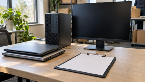 Retired laptops, a desktop computer and a monitor arranged on an office table
