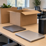 Closed laptops and a desktop computer beside moving boxes in an office