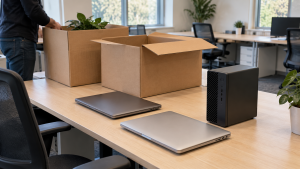 Closed laptops and a desktop computer beside moving boxes in an office