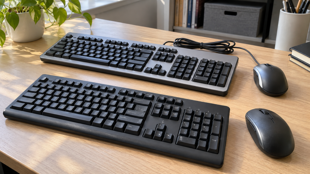 Keyboard recycling preparation with intact keyboards and computer mice on an office table