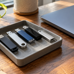 USB drive recycling preparation with intact flash drives in a tray beside a closed laptop