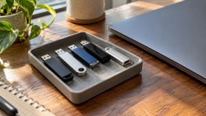 USB drive recycling preparation with intact flash drives in a tray beside a closed laptop