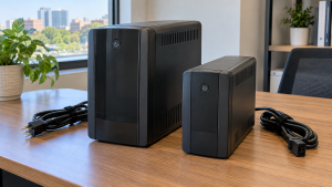 Two closed UPS battery backup units with disconnected power cords on a table