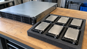 Storage drives in metal caddies arranged in a foam tray beside a server