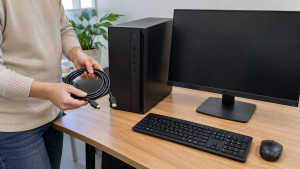 Hands holding a display cable beside a desktop computer and monitor