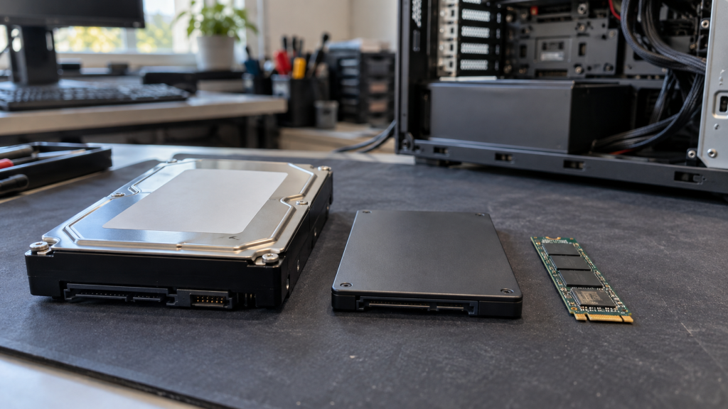 Hard disk drive and solid-state storage devices on an antistatic workbench