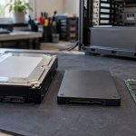 Hard disk drive and solid-state storage devices on an antistatic workbench