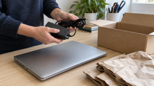 Hands holding a laptop charger beside a closed laptop and an open cardboard box