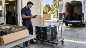 Worker checking desktop computers and packed laptops before a business pickup